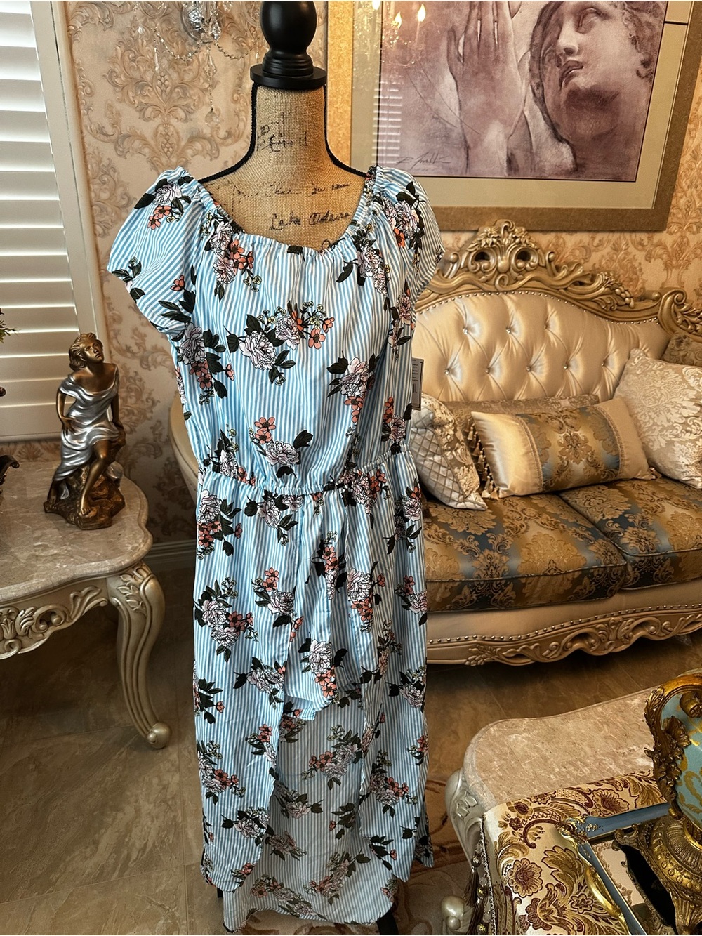 Light Blue Striped Floral Maxi  Dress with shorts- Casual Summer Dress